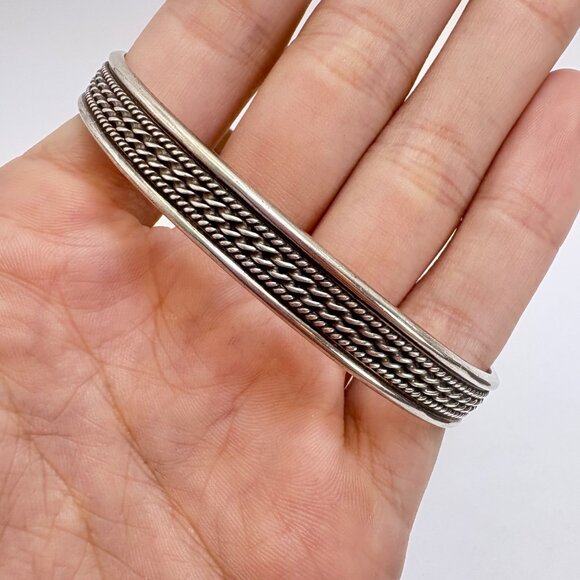 VTG Sterling Silver 925 Intricate Textured Open Cuff Bracelet Size 7.5" Fit - Picture 6 of 10